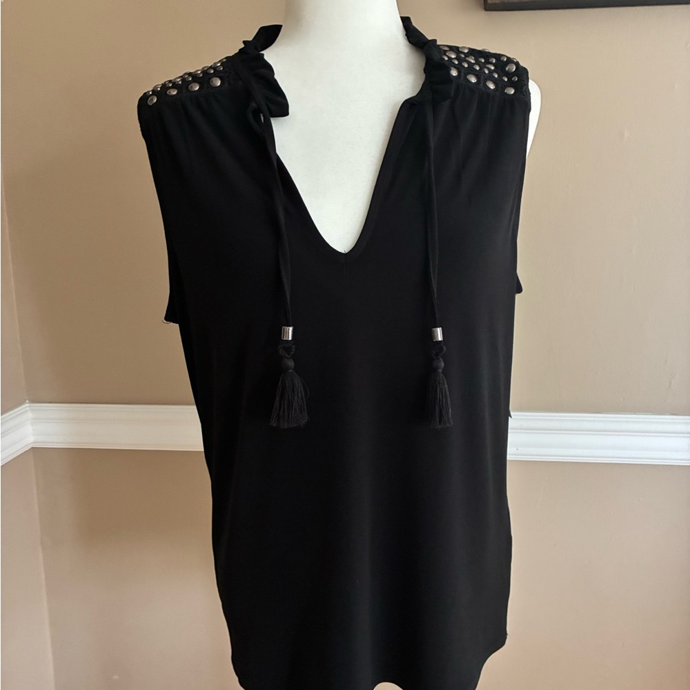 INC International Concepts Black Sleeveless Top with Tassel Details